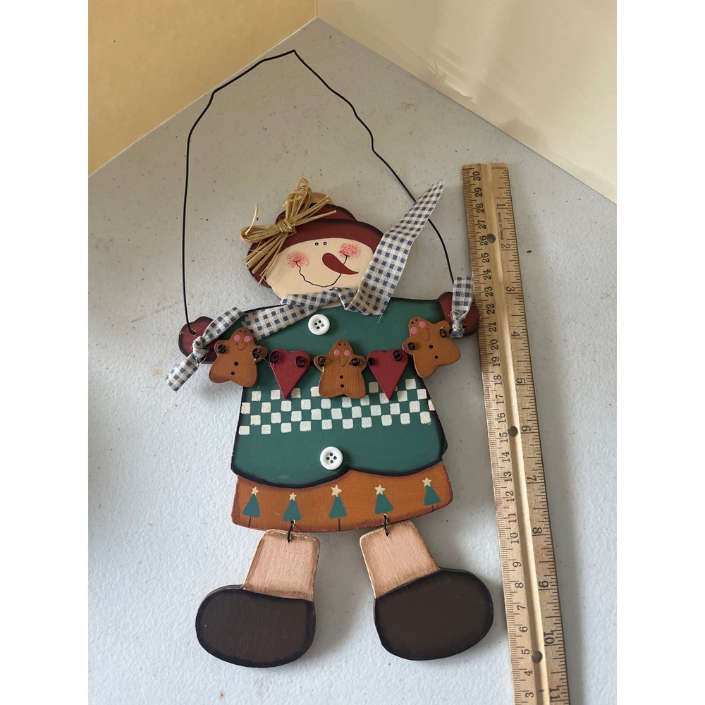 Vintage Wooden Snowman Wall Hanging Christmas Decor Gingerbread Folk Art Rustic
